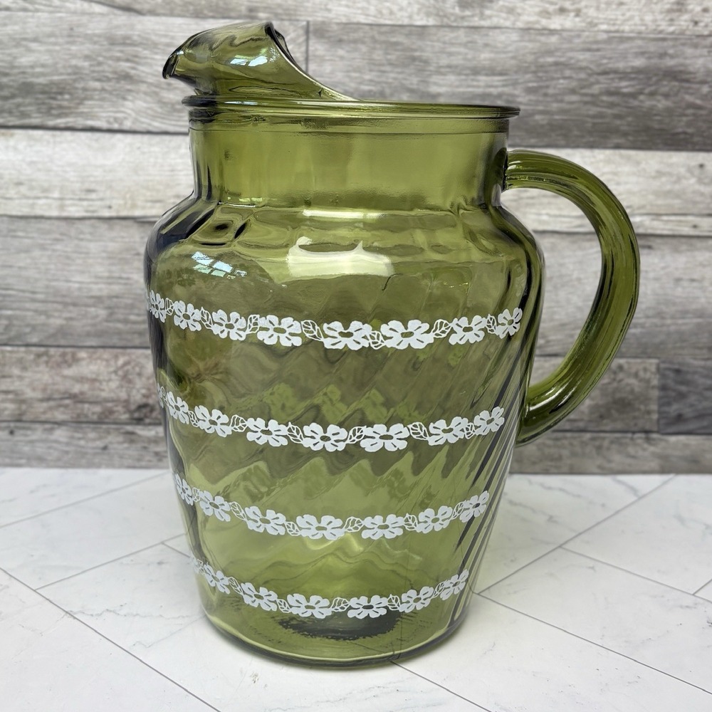 MCM Avocado Green Glass Pitcher with White Daisy Leaf Stripes Wit Ice Lip